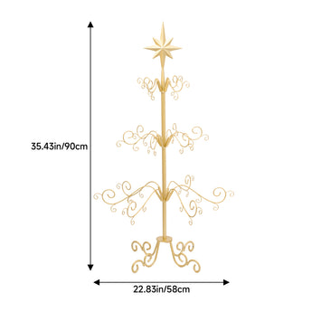 Gold ornament display stand diagram with star topper; 35.43 in tall, 22.83 in wide