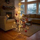 Christmas ornament display stand with star top and hanging bauble ornaments, gold