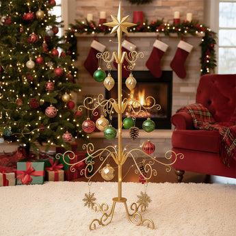 Gold star-topped ornament display stand with hanging green and red baubles