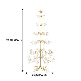 Gold ornament display stand diagram with star topper; 70.87 in tall, 36.22 in wide
