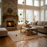 Gold star-topped ornament display stand with multi-tier swirling arms and hanging baubles