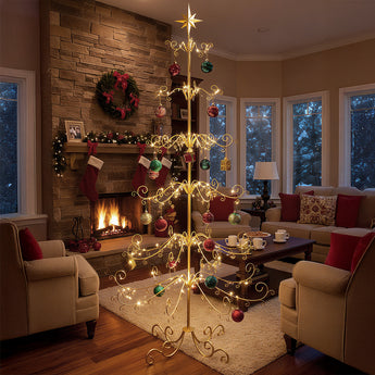 Gold scrollwork Christmas ornament stand with hanging baubles and star-topped spire