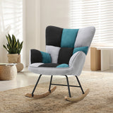 Upholstered rocking lounge chair with high back, gray fabric with teal and dark panels