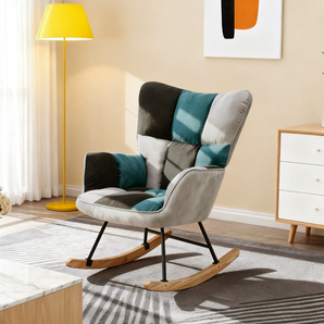 Upholstered rocking lounge chair with high back, gray seat, teal and white accents