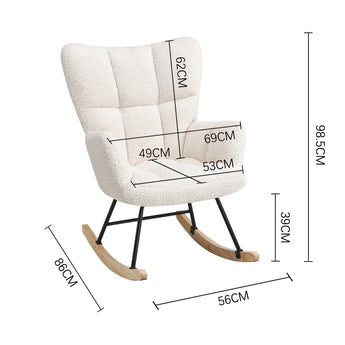 Upholstered rocking chair size diagram: 99cm H, 56cm W, 89cm L