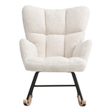 Cream upholstered rocking lounge chair with high backrest and padded armrests