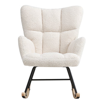 Cream upholstered rocking lounge chair with high backrest and padded armrests
