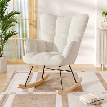 Upholstered rocking lounge chair with high backrest, light beige textured fabric