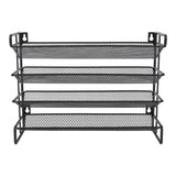 Black 4-tier metal spice rack with mesh shelves and side handles, front view