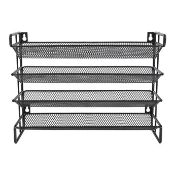 Black 4-tier metal spice rack with mesh shelves and side handles, front view