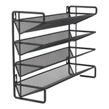 Angled view of black 4-tier metal spice rack with wire mesh shelves