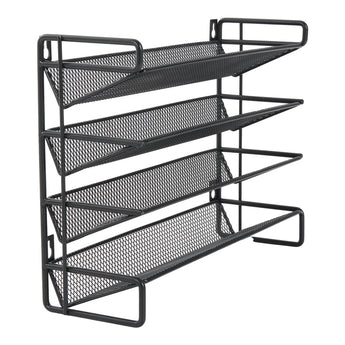 Angled view of black 4-tier metal spice rack with wire mesh shelves