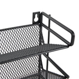 Close-up of black wire-mesh shelf and side handle on 4-tier spice rack