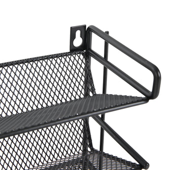 Close-up of black wire-mesh shelf and side handle on 4-tier spice rack