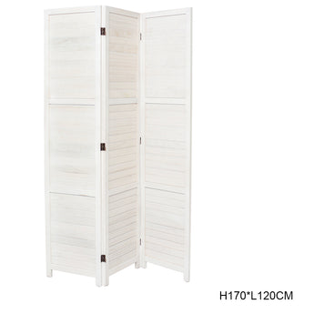 White wooden folding room divider with 3 panels, louver-style slats and dark hinges