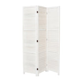 White wooden folding room divider with 3 hinged panels and slatted privacy screen