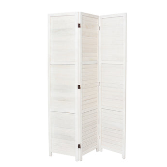 White wooden folding room divider with 3 hinged panels and slatted privacy screen