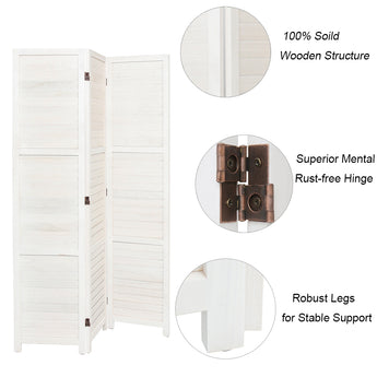 White wooden 3-panel folding privacy divider with dark hinge hardware and vertical frame