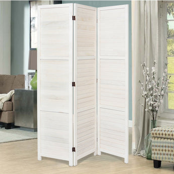 White wooden folding room divider with three hinged panels for privacy