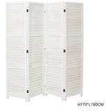 White wooden folding room divider with 4 panels, slatted privacy screen and dark hinges