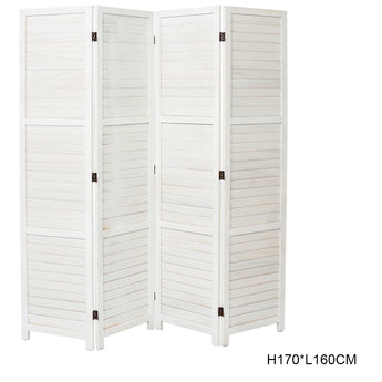 White wooden folding room divider with 4 panels, slatted privacy screen and dark hinges