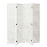 White wooden 4-panel folding privacy divider with slats, vertical frames, and dark hinges