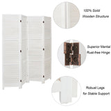 White wooden 3-panel folding privacy divider with slats and visible hinge hardware