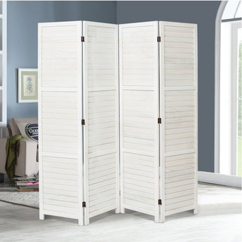 White wooden folding room divider with 4 panels, slats for privacy and dark hinge hardware