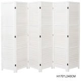 White wooden folding room divider with multiple hinged panels for privacy