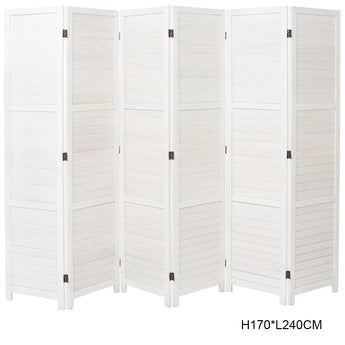 White wooden folding room divider with multiple hinged panels for privacy