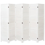 White wooden folding room divider with 6 panels, slatted privacy screen and dark hinges