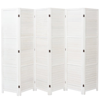 White wooden folding room divider with 6 panels, slatted privacy screen and dark hinges