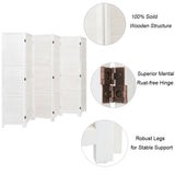 White wooden 3-panel folding privacy divider, showing slats and dark rust-free hinge area
