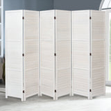 White wooden folding room divider with 5 panels, slatted privacy screen and dark hinges
