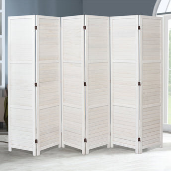 White wooden folding room divider with 5 panels, slatted privacy screen and dark hinges