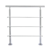 Stainless steel handrail frame with 3 horizontal bars and round floor bases