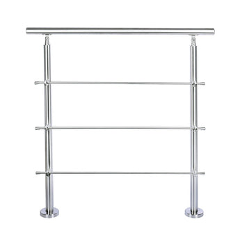Stainless steel handrail frame with 3 horizontal bars and round floor bases