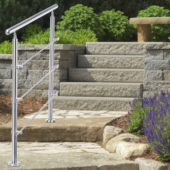 Stainless steel floor mount handrail with top bar and angled side rails for stairs