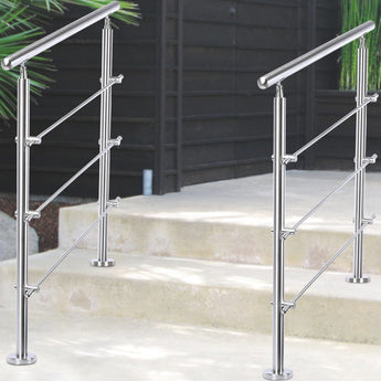Stainless steel slope-and-stair handrail set with posts, top rail, and bars