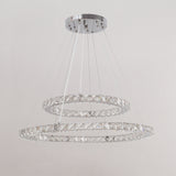 Crystal LED pendant lamp with two ring tiers and chrome ceiling canopy