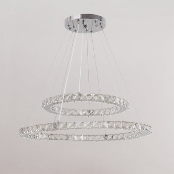 Crystal LED pendant lamp with two ring tiers and chrome ceiling canopy