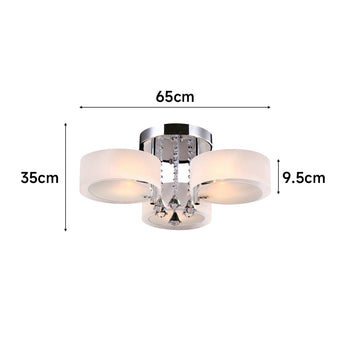 Round LED semi-recessed ceiling light with frosted acrylic shades, chrome frame, crystal accents