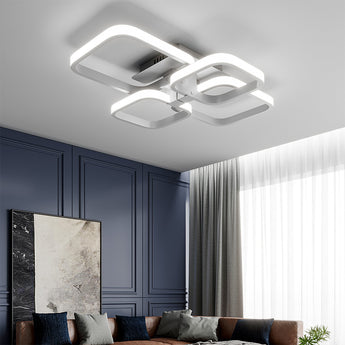Contemporary LED ceiling luminaire, semi-recessed, white with four glowing square frames