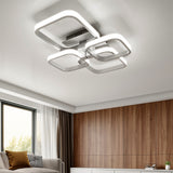 Semi-recessed LED ceiling luminaire with white U-shaped frames and four light sections