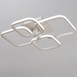 Contemporary LED semi-recessed ceiling luminaire with white geometric frame and curved light rings