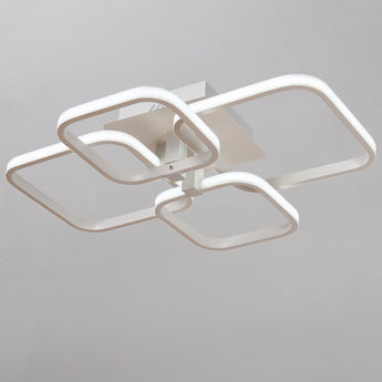 Contemporary LED semi-recessed ceiling luminaire with white geometric frame and curved light rings