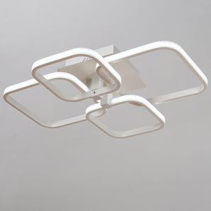 Contemporary LED semi-recessed ceiling luminaire with white geometric frame and curved light rings