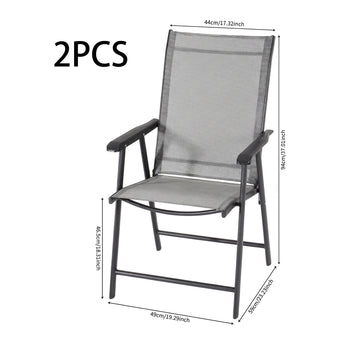 Outdoor patio lounge chair with dark frame, gray mesh back, padded seat, and armrests