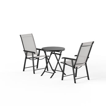 Outdoor patio chair set with dark metal frames, gray mesh backs and armrests