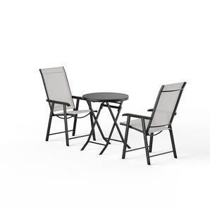 Outdoor patio chair set with dark metal frames, gray mesh backs and armrests
